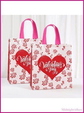 2PCS Non Woven Reusable Gift Tote Bags Heart Print Party Favor Shopping Bags